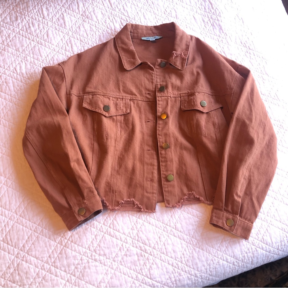 Women’s Burnt Orange Cropped Distressed Jean Denim Jacket